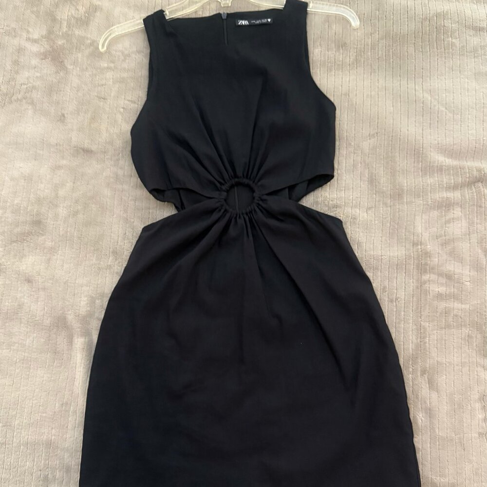 Zara Linen Blend Black Cutout Mini Dress With Lined Ring Size Small
